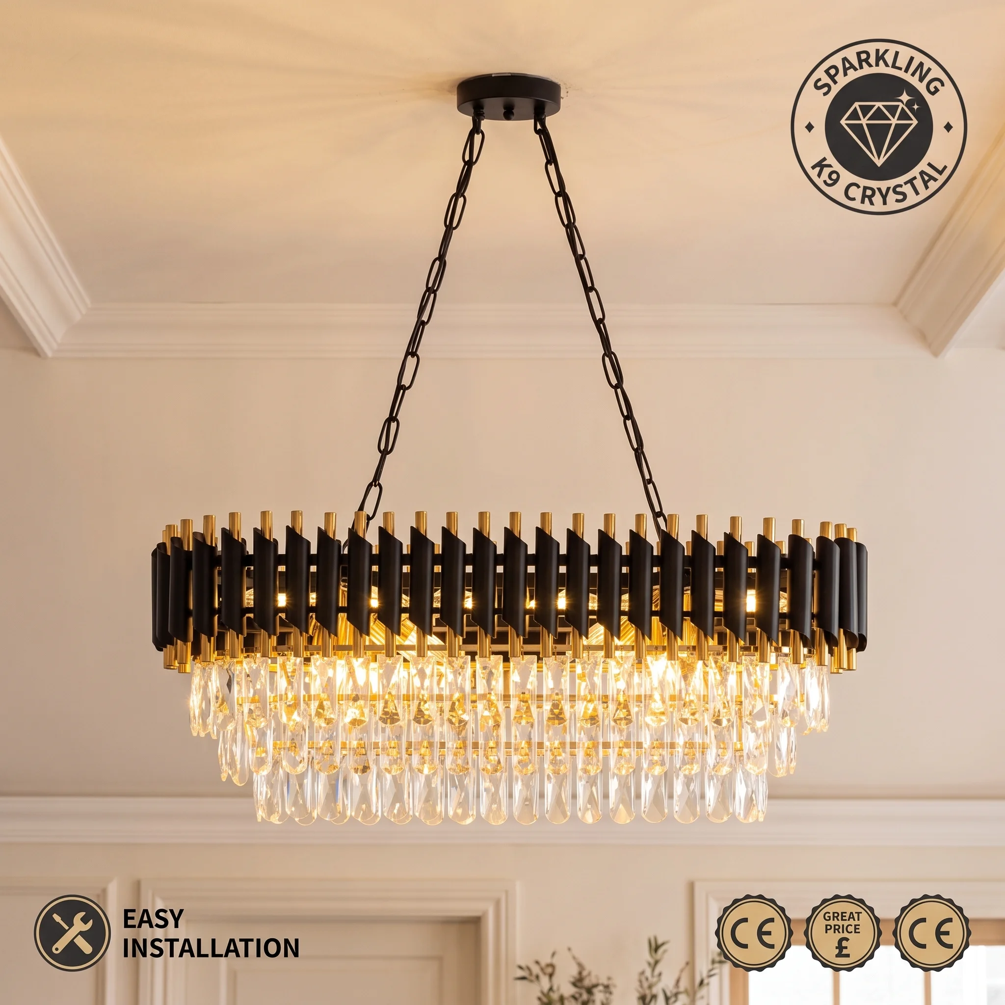 Lampadario Moderno in Cristallo Nero e Oro, Lampadario Ovale a 3 Livelli in Cristallo K9 per Isola Cucina/Soggiorno/Camera da Letto/Sala da Pranzo
