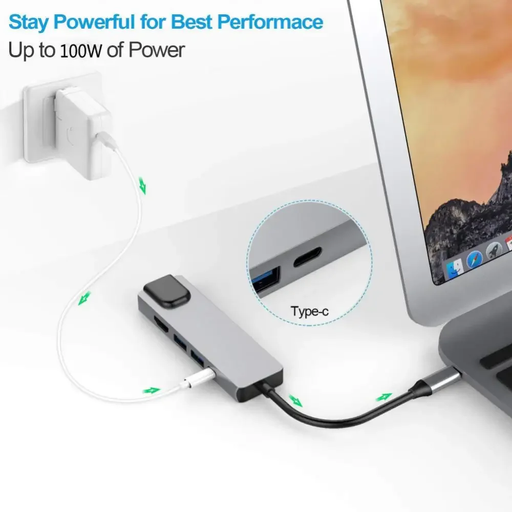 Adaptor USB C Hub Tipe C ke 4K HD, Hub USB C 5 in 1 dengan jaringan RJ45 1000M Ethernet Lan Charger Port Adapter untuk Macbook Pro