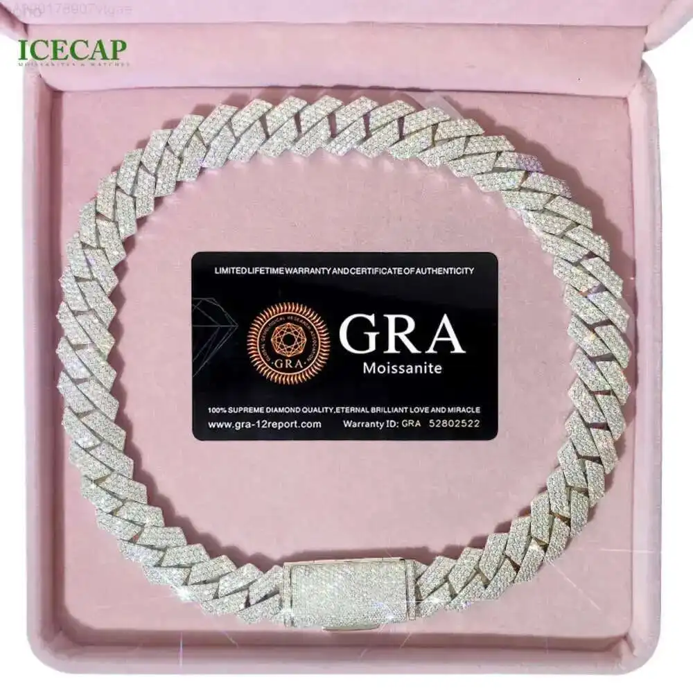 

High Quality 18 Mm 3 Rows Vvs Moissanite Diamond Chain White Rose Gold Plated Hip-hop Necklace Cuban Link Chain
