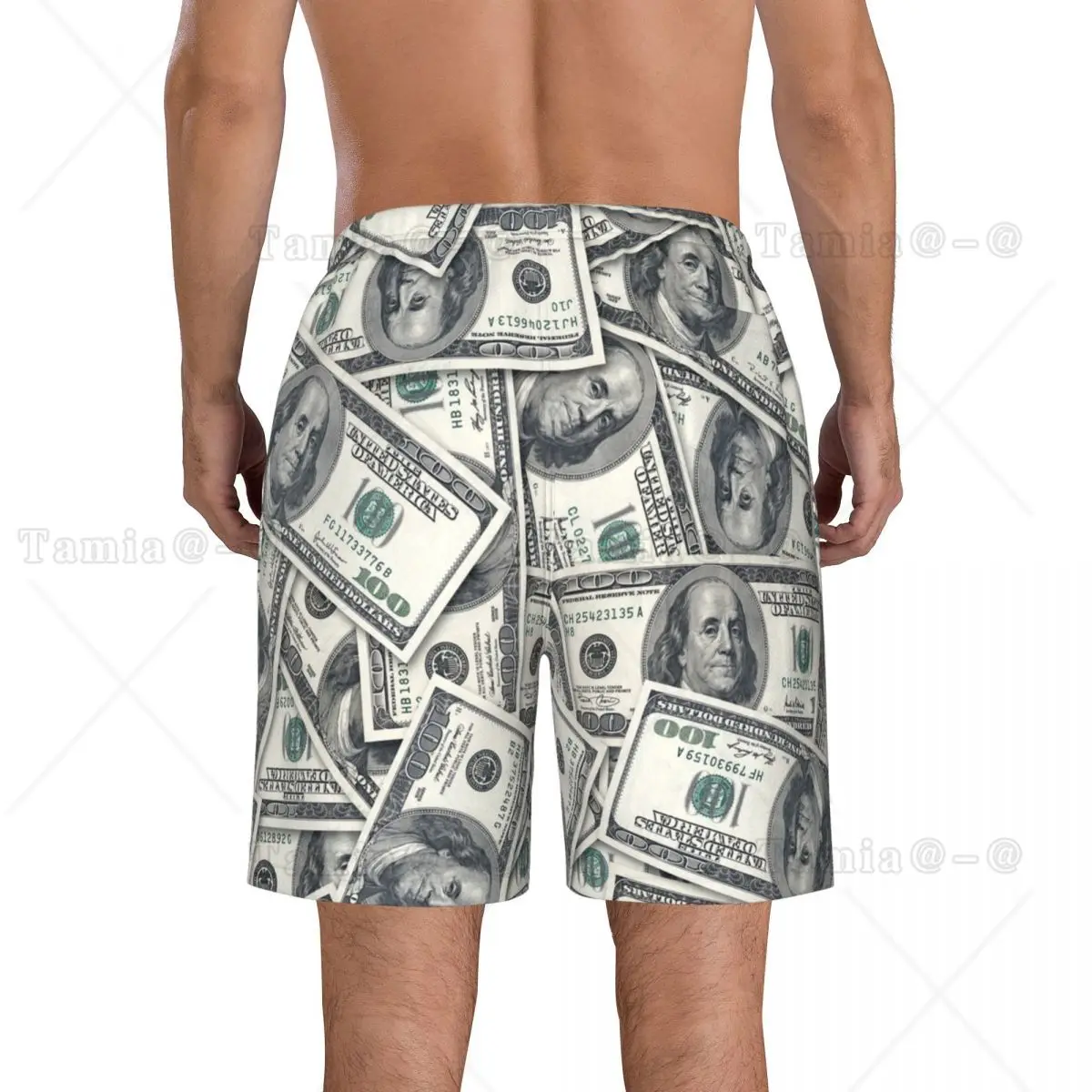 Men Beach Short Quick-drying Swimming Trunk US Dollar Currency Money Pattern Swimwear Swimsuit Bathing Shorts