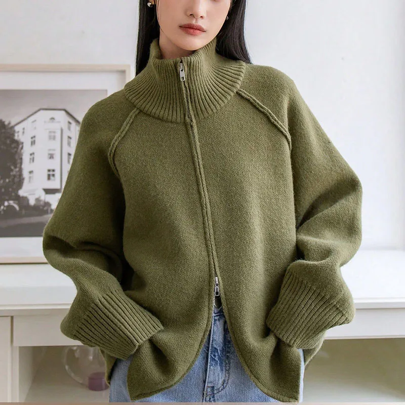 Lässiger Strickpullover für Damen 2026 Herbst Winter Verdickter Warmer Weicher Strickcardigan Modischer Reißverschluss Stehkragen Cardigan