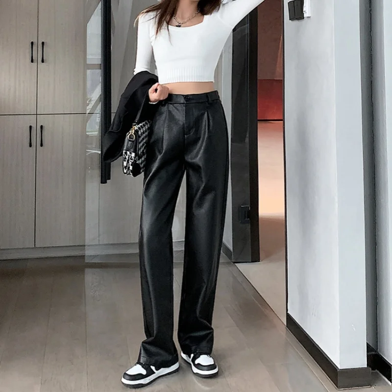 JHJN Autumn Winter Fashion Warm Long Leather Pants Elegant LeatherTrousers High Quality Women PU Leather Wed Leg Pants