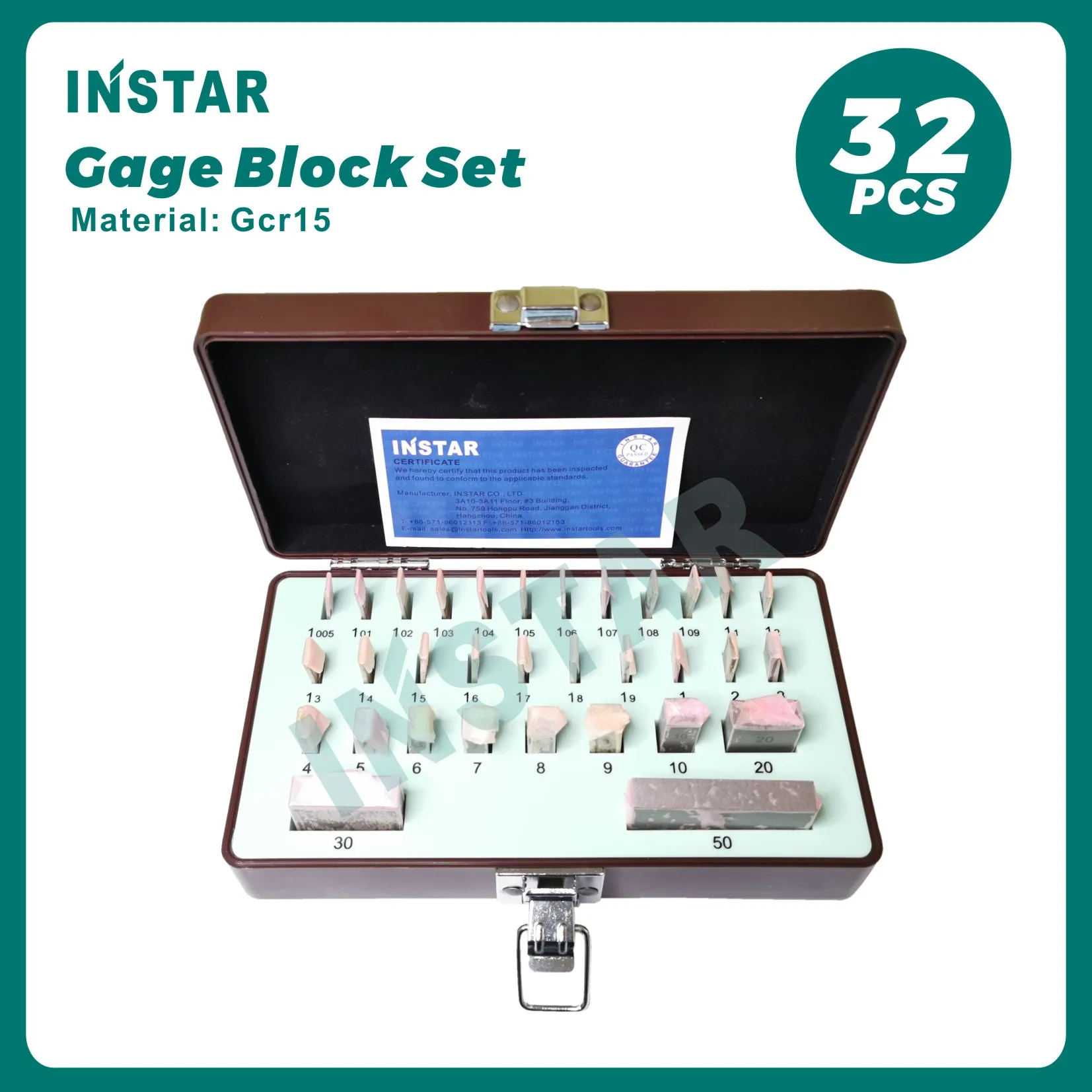 Zestaw bloków pomiarowych INSTAR 32 szt. Klasa 0 Średnia klasa Dokładność 0,00045 mm Stal hartowana Gcr15 Jakość przemysłowa 1,005 mm-30-50 mm