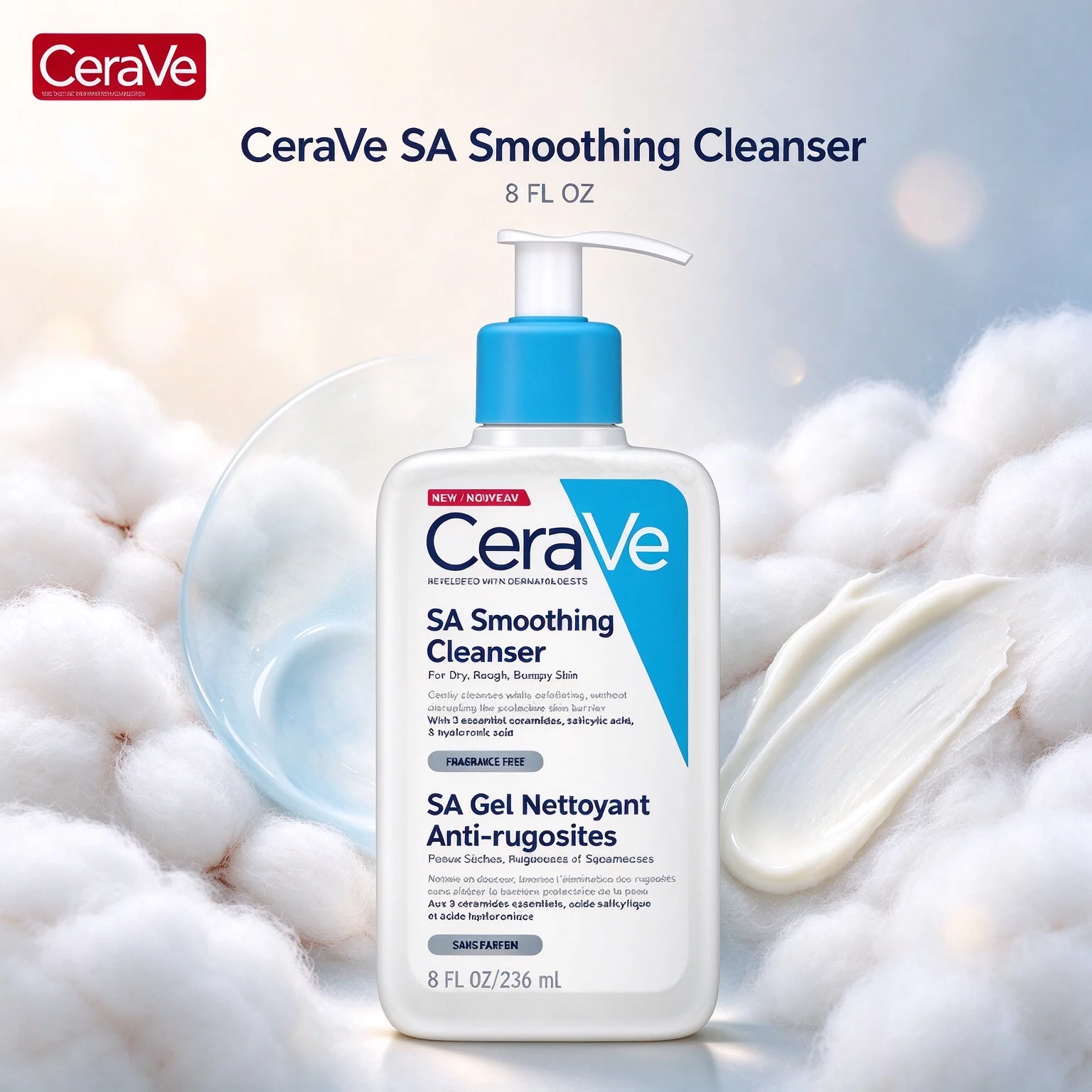 CeraVe Fragrance Free SA Smoothing Cleanser For Dry Rough Bumpy Skin, SA Gel Nettoyant Anti-rugosités 8 FL OZ (236ml)