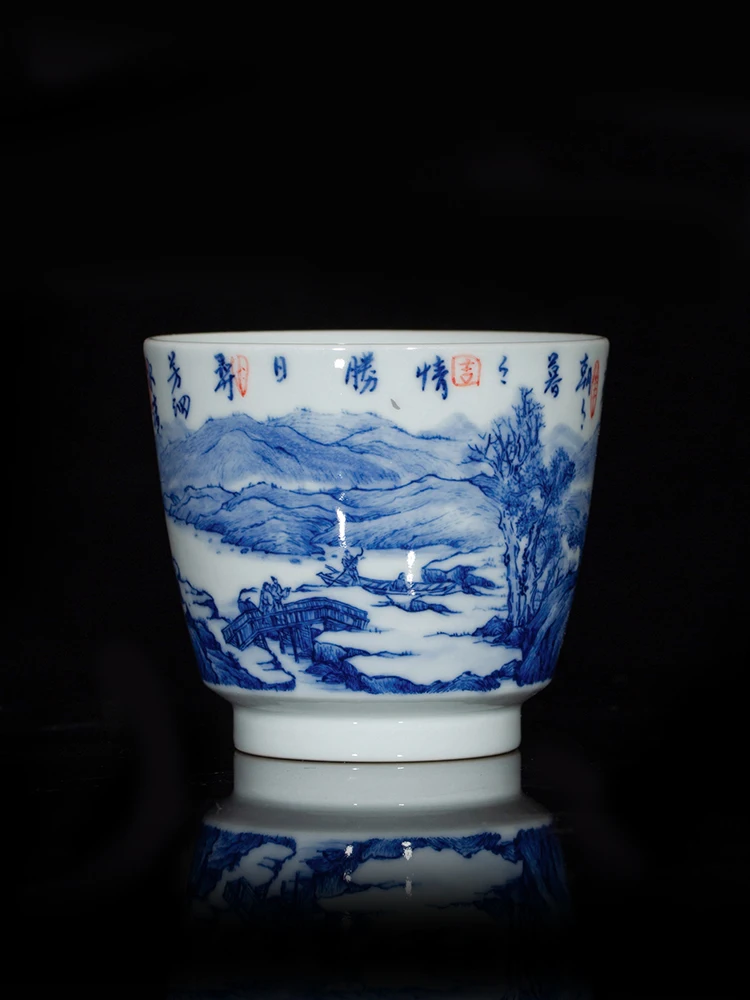 Zhongjiayao Personal Tea Jingdezhen Handmade Hand-painted Firewood Kiln Blue And White Landscape Horseshoe Master Cup