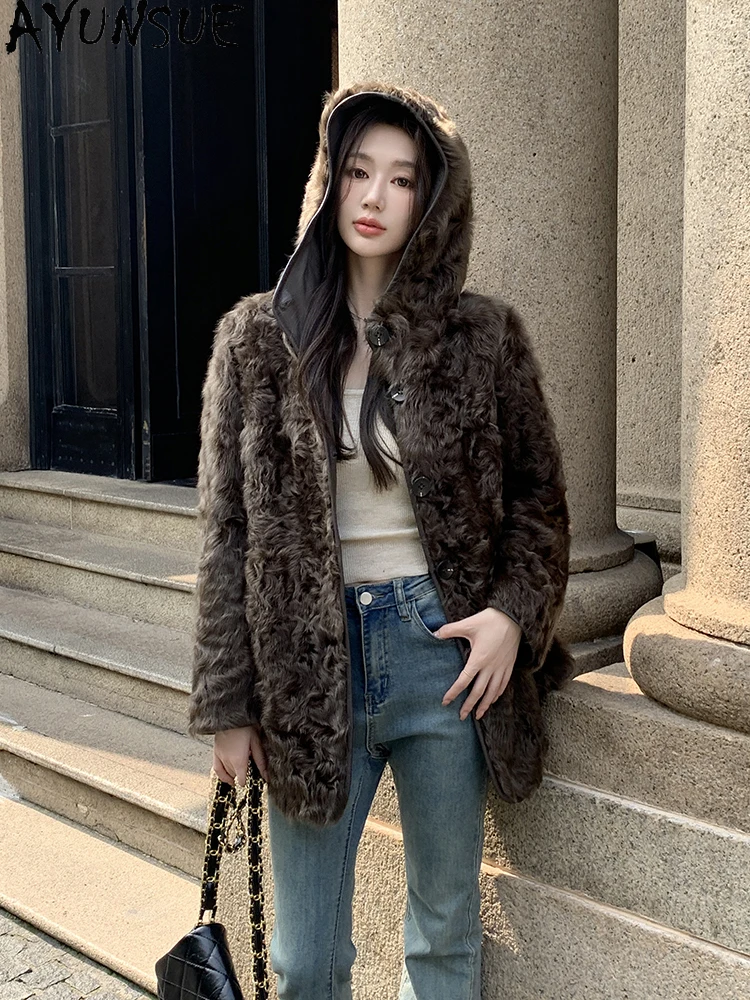 AYUNSUE 2025 New Shearling Jacket Woman Hooded Double-sided Natural Wool Fur Coats for Woman Clothes High Quality Abrigo Mujer