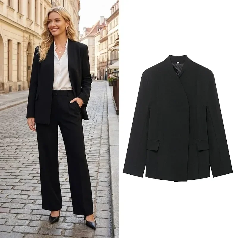 

FANAN Women Fashion With Pockets Black Single Breasted Blazer Vintage Long Sleeves V-Neck Female Office Lady Outfits