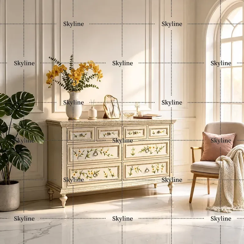 for French Hand-Painted Flower Eight-Bucket Cabinet Light Luxury Retro Entrance Household Large Living Room Bedroom Drawer