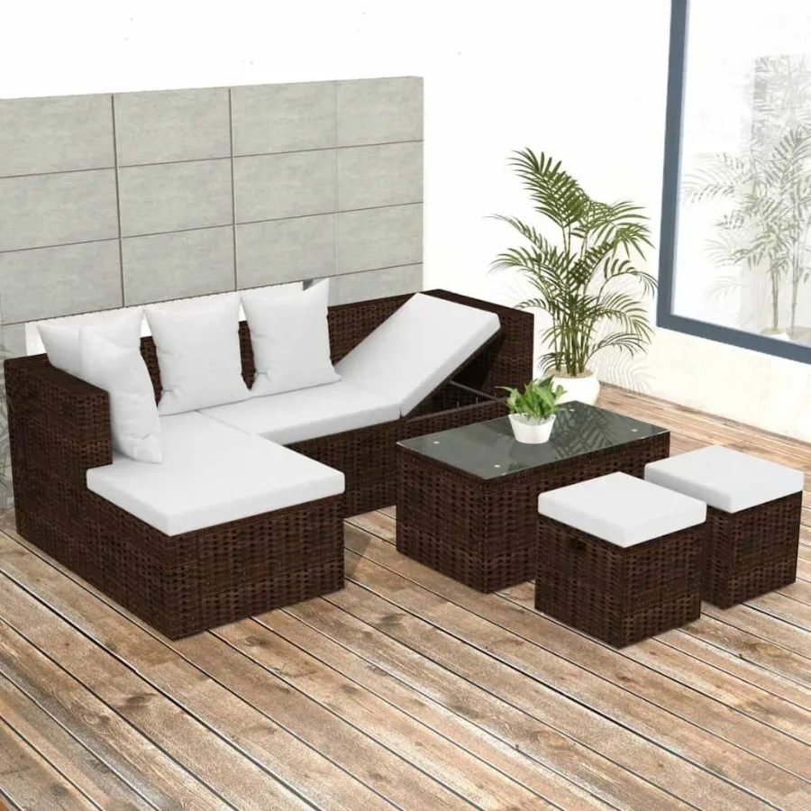 

4 Piece Patio Lounge Set with Cushions Poly Rattan Brown