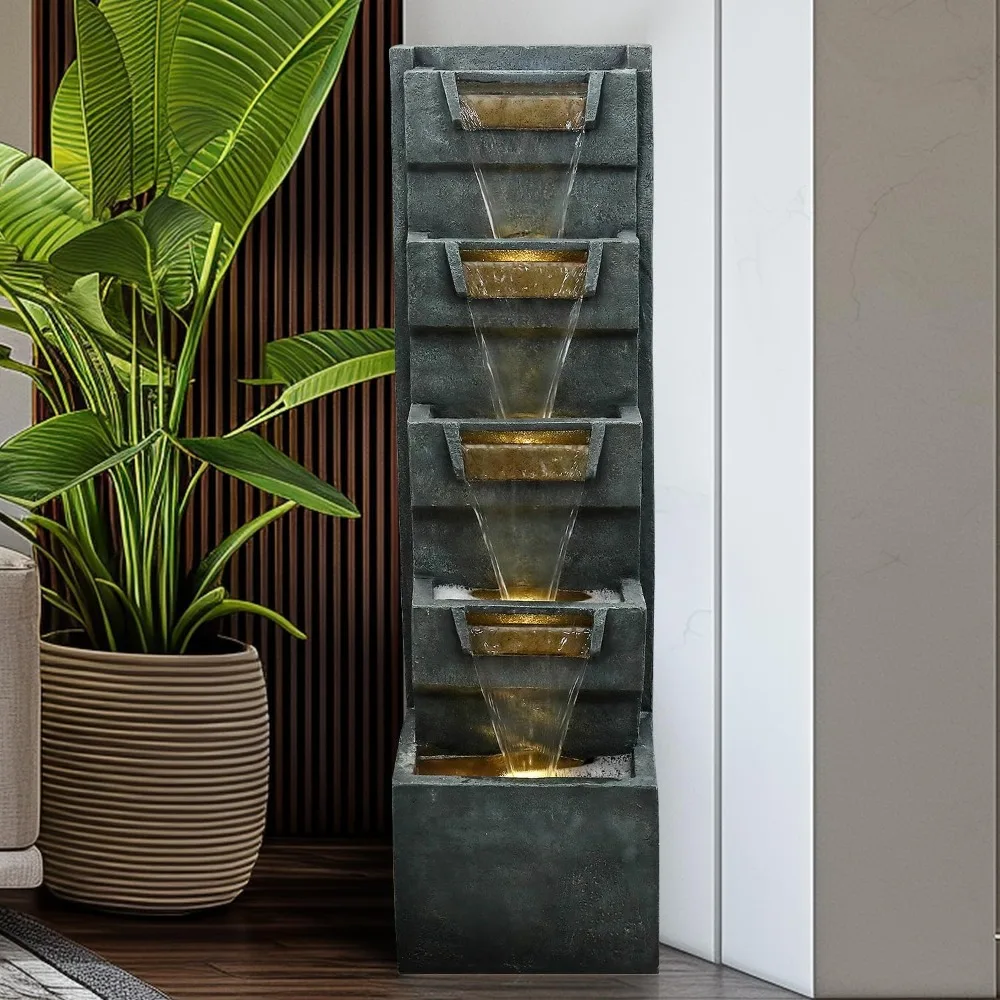 39.3" H Modern Water Fountain 5-Tier Outdoor Garden - Water Fountain w/LED Lights Cascading Waterfall Features for Home Garden B