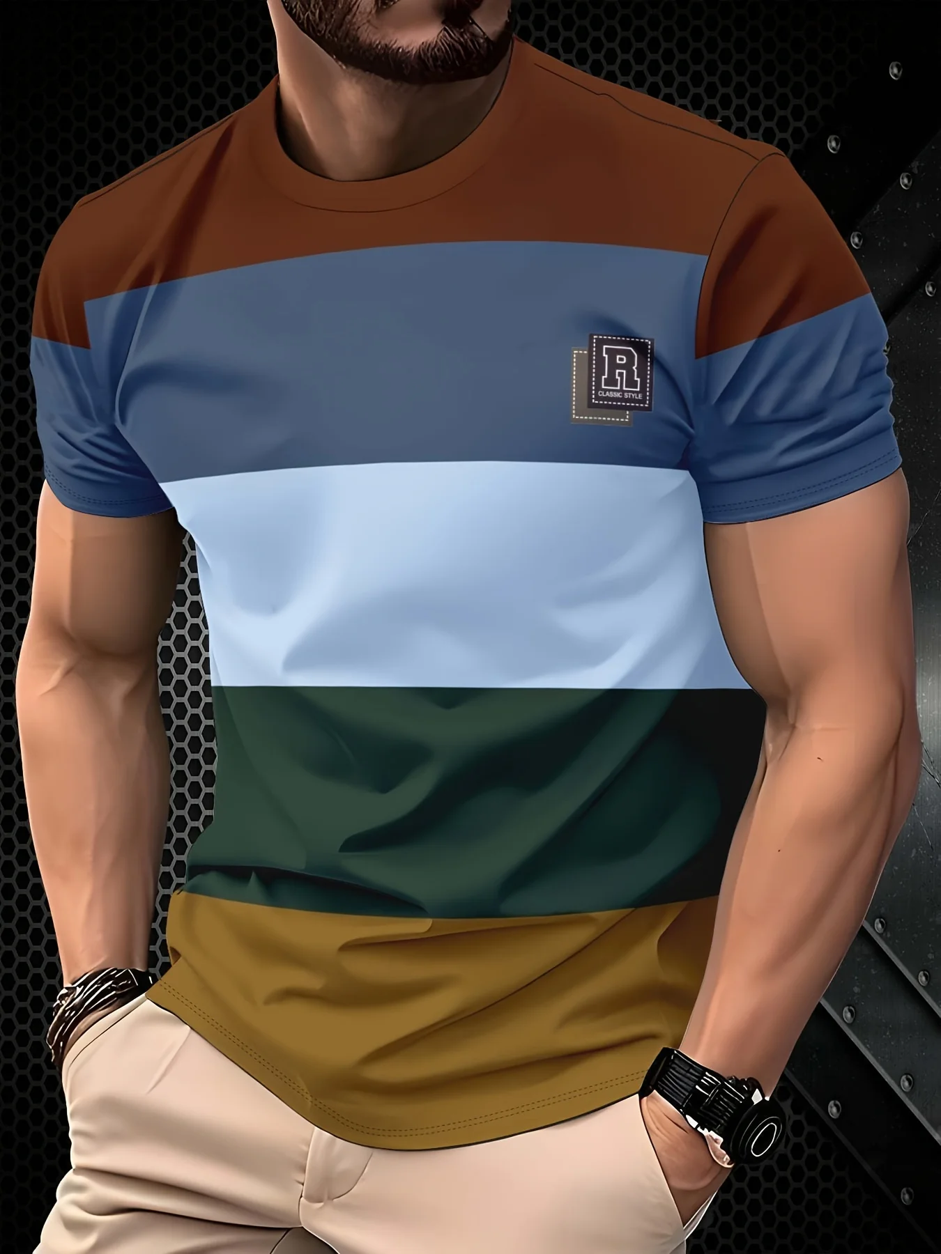 New men's short-sleeve T-shirt, loose-fitting and tailored with printed designs, versatile basic crew-neck top suitable for spri