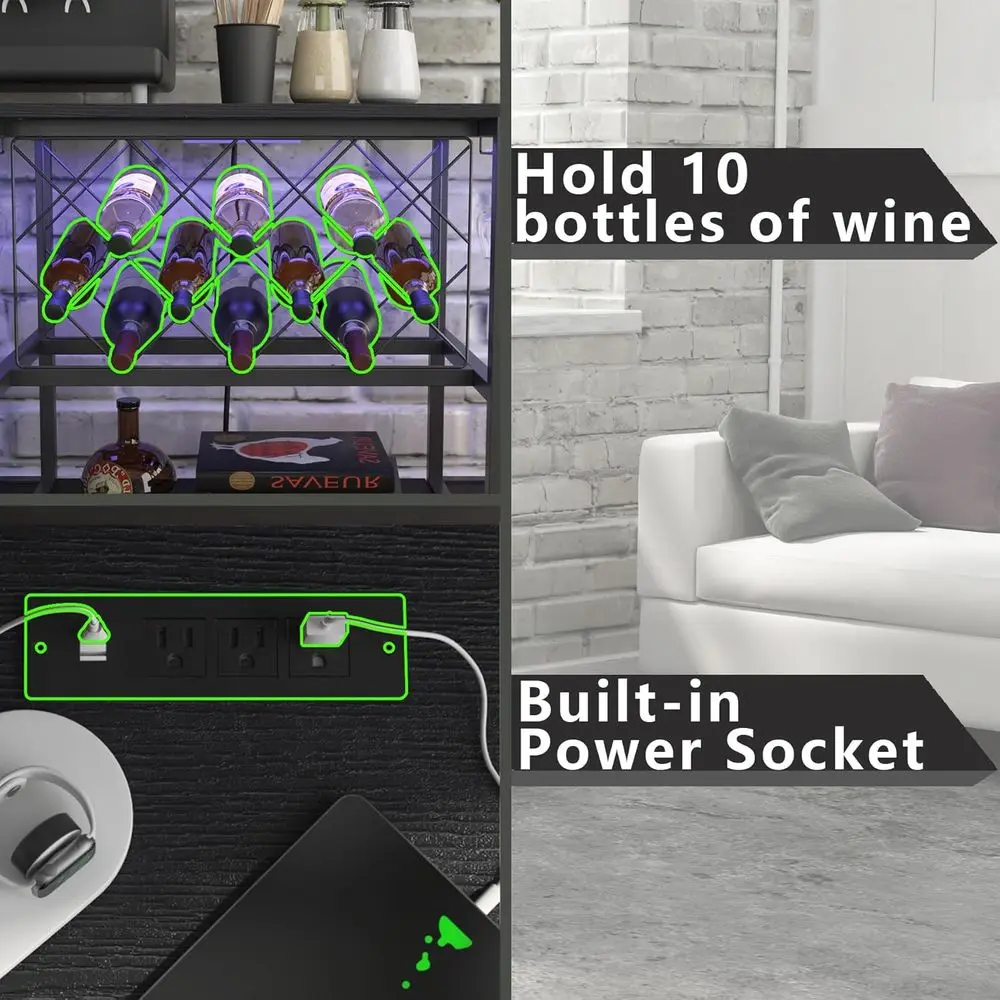 Black 3-Tier Coffee Table with Wine Rack, Power Socket, and LED Light for Home Bar and Kitchen Storage view 6