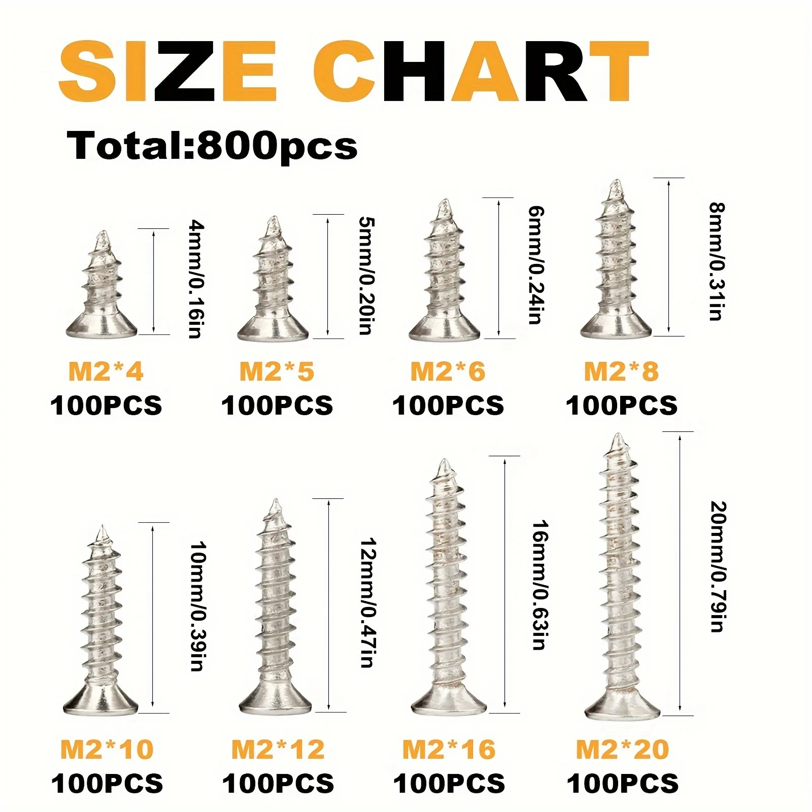 800pcs Self Tapping Wood Screws Set, M2 Phillips Flat Head Sheet Metal Screw, Self Tapping Screws Assortment Kit