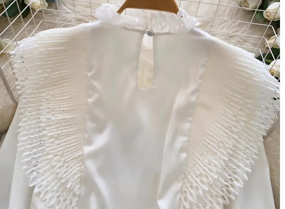 Blusa bordada vintage para mujer, camisa de satén de manga larga con cuentas, estilo francés, elegante con volantes