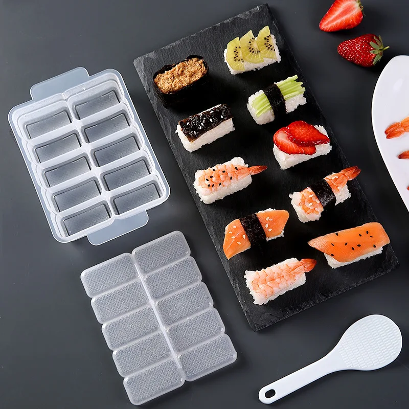 Juego de moldes para Sushi cuadrados y triangulares de 10 rejillas para bolas de arroz Onigiri DIY y herramientas de cocina para dar forma a prensa de caja Bento