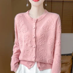 Spring and autumn new women's cardigan 100% pure wool solid color O-neck advanced cashmere fashion button heavy knitting coat