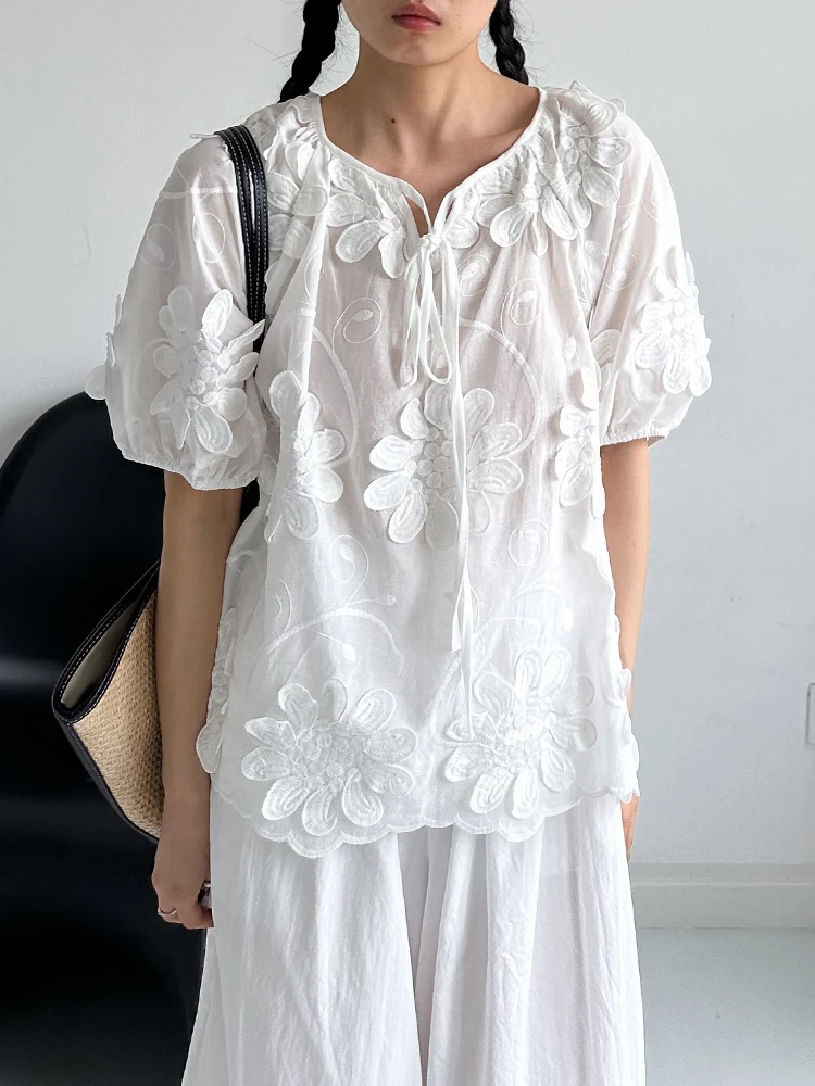 

SuperAen Sweet хлопковая белая футболка с трехмерным цветком и короткими рукавами для женщин, свободный пуловер, модные футболки