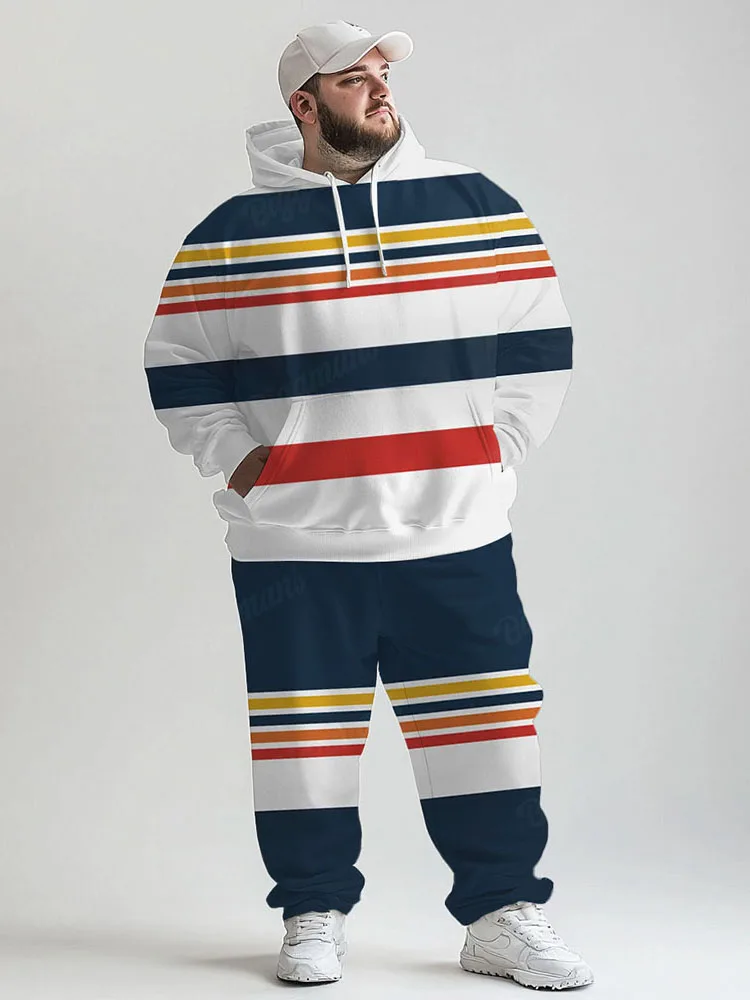 Biggmans Casual Stripe Plus Size Hoodie Suit Men Streetwear Pocket Top Loose Pants Set Male Thick Hoodies Trousers Two Piece Set