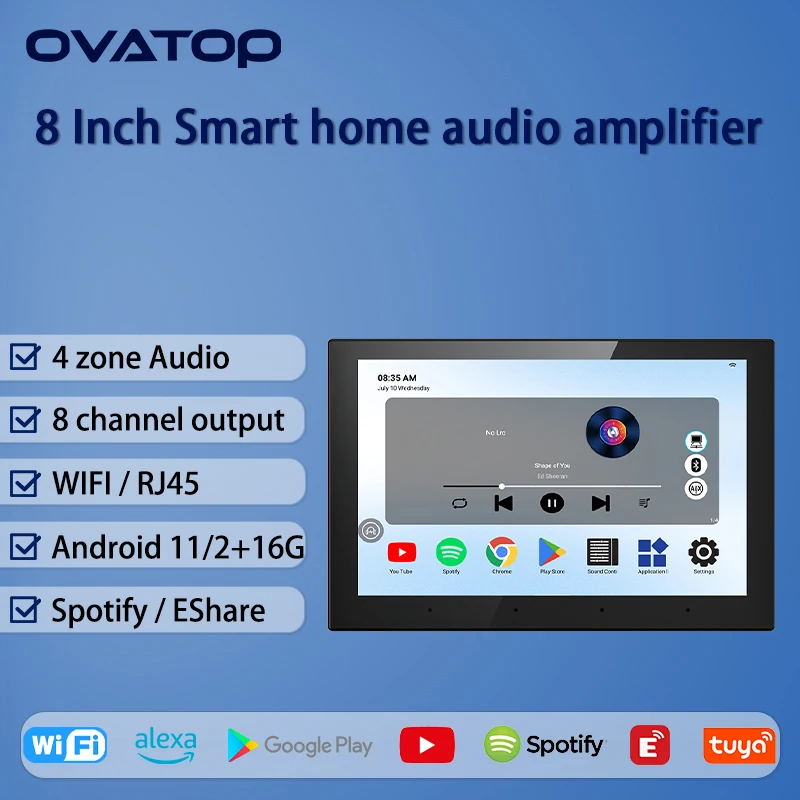 8 Inch 4 zones audio in wall amplifier TUYA Smart home controls panel Android 11 system Touch Screen WIFI bluetooth music player