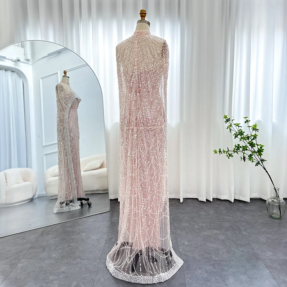 Sharon Said Luxus-Perlen Dubai Champagner Meerjungfrauen-Abendkleider mit Cape-Ärmeln Arabisches Hochzeits- und Abschlussballkleid SS369 Maßanfertigung – Detail 21