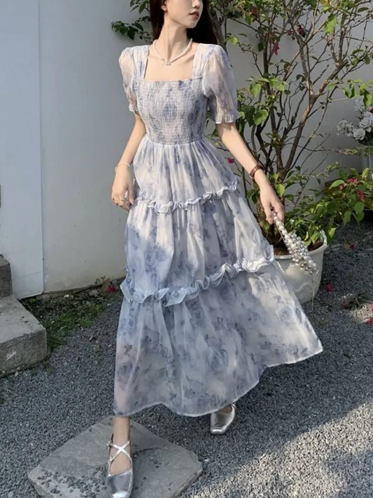 Falda Larga de Gasa con Estampado Floral Vintage para Mujer, Diseño de Verano, Estilo Burbuja de Alta Gama, Corte en A