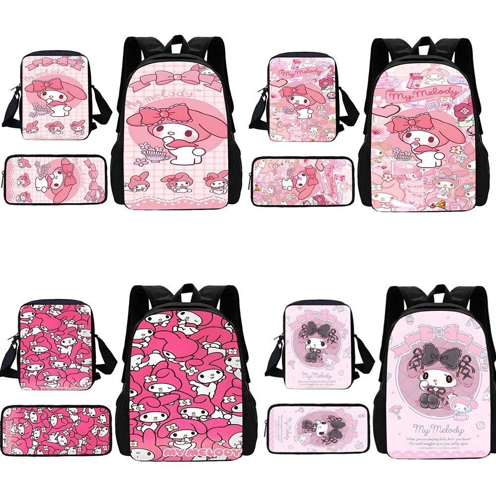 Anime Pink My Melody Mochila Escolar com Bolsa de Ombro, Sacos de Lápis, Mochilas escolares para meninos e meninas, Melhor Presente Bonito, Conjunto 3 pcs