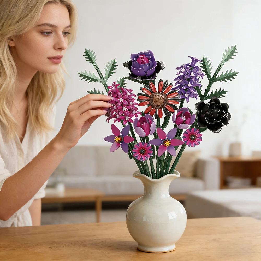 Buquê de flores góticas modelo blocos de construção multicolorido 614 peças tijolos de dia dos namorados crianças diy quebra-cabeça brinquedo aniversário presente de casamento