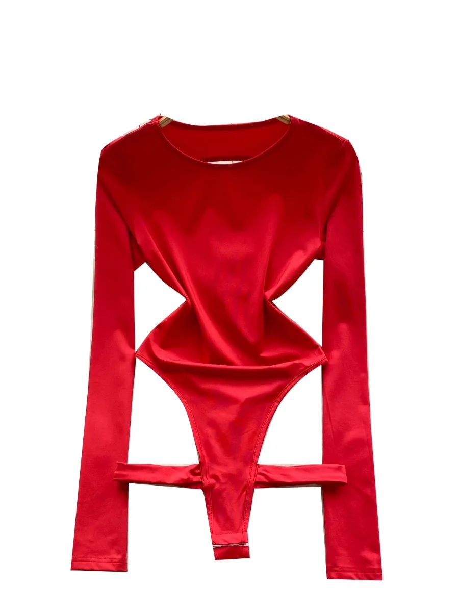 بدلة قفز نسائية مثيرة مفرغة بدون ظهر وأكمام طويلة من Foamlina بقصة ضيقة باللون الأحمر للفتيات في الشارع بدلة رومبير