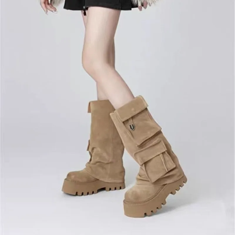 Botas de invierno para mujer, botas marrones, suela gruesa, botas de pantalón con bolsillo retro, zapatos de moda para mujer