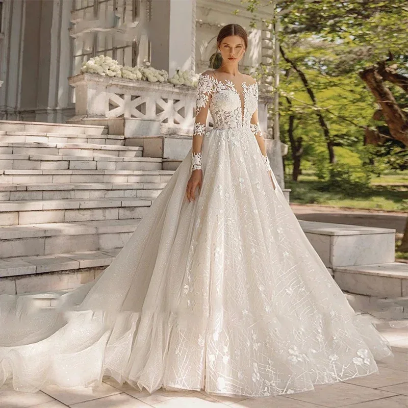 فساتين زفاف على Zhu أنيقة مخصصة على شكل حرف a وأكمام طويلة 2025 مطرز بالخرز المتلألئ ثوب زفاف Vestidos De Novia