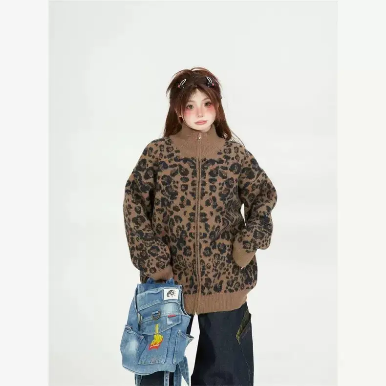 

Onalippa American Retro Leopard Print Abi Culture Stand Up Collar Sweater Jacket Women Autumn Winter Lazy Style Knitted Cardigan