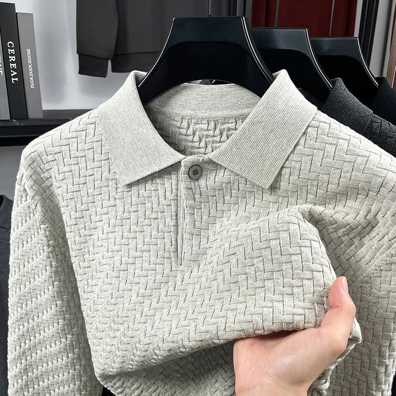 

100% Cotton Men's New Autumn Winter Long Sleeves Knit Polo Lapel Woven Texture Keep Warm Sweater Leisure Trend Men's Clothing