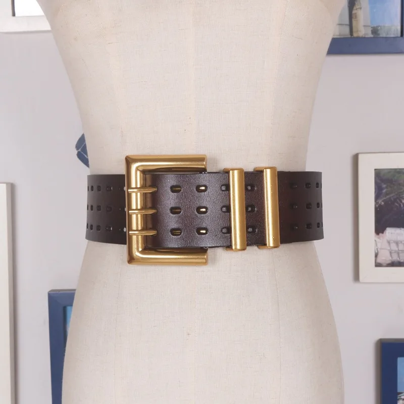 Vintage gold large buckle three-hole belt, waist sash for coats, jackets and dresses