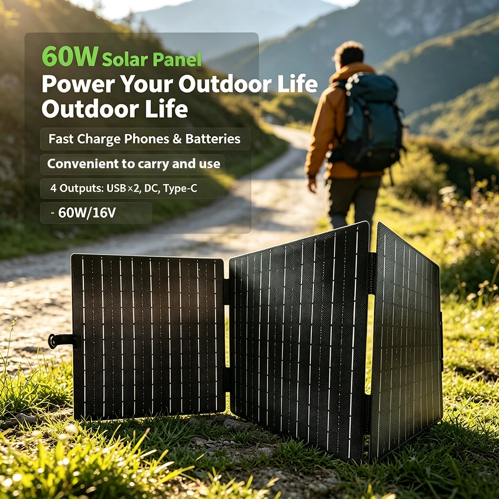 60W Monocrystalline 3‑Fold ETFE Film Solar Charging Panel for Outdoor Camping RV Power Station Emergency Power Supply
