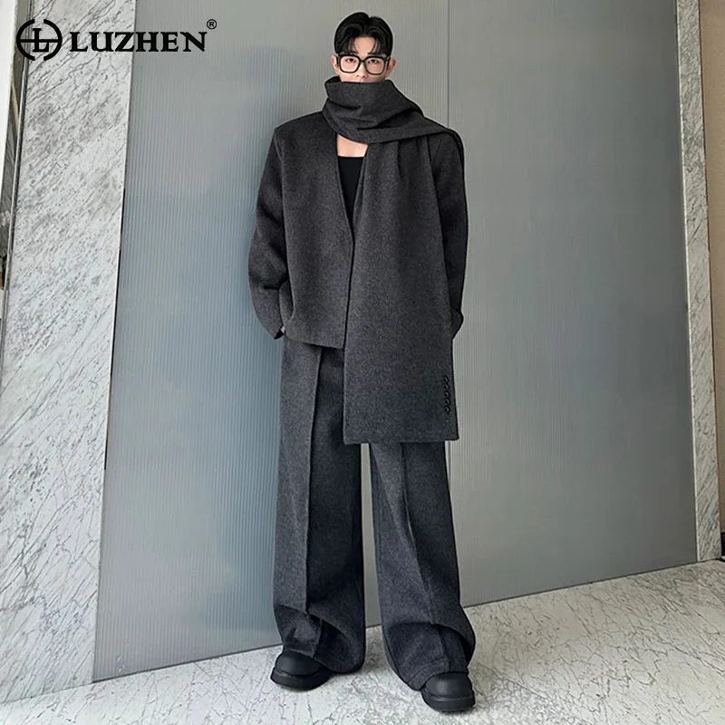 

LUZHEN Men's Scarf Three Social Piece Set Casual Woolen Collarless Suit Jackets Luxury Classy High Quality Plain Pants JY4651