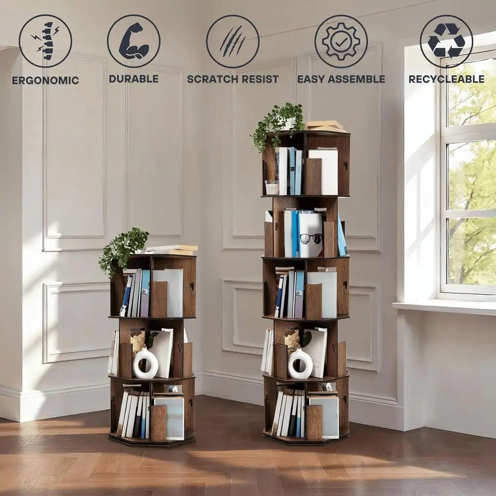 3 Tier Rotating Bookshelf Tower with Lazy Susan – Spinning Bookshelf Tower, Revolving Bookcase, Turning Book Shelf, Rotating Boo
