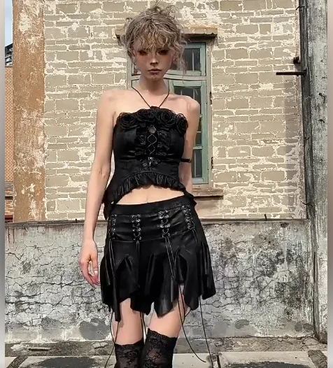 Vintage Black Tie-dye Irregular Y2k Sexy Strappy Short Skirt Women Summer Personality Girl Ruffles Fashion Slim Strapless Tops