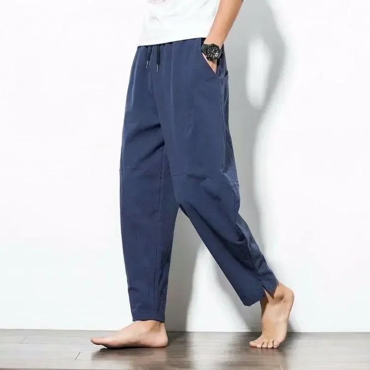 

2024 Brand Linen Pants For Men Baggy Large Pocket Cropped Oversize Trousers Loose Harem Casual Pants Male