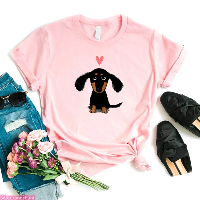 New T-Shirt Women Cute Dachshund Mom Dog Animal Print Tshirt Fashion Harajuku Tshirt Femme Summer Pink ShortSleeve Top wholesale