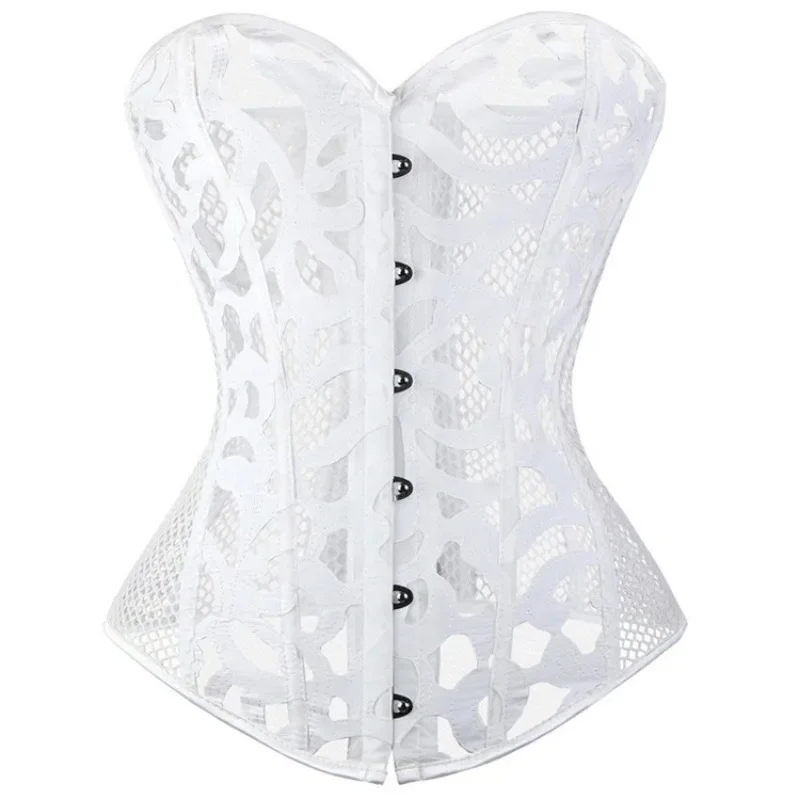 

White Corset Top Vintage Gothic Women Overbust Sexy Bustier Hollow Out Mesh Lace up Body Shaper Slimm Waist Korsett