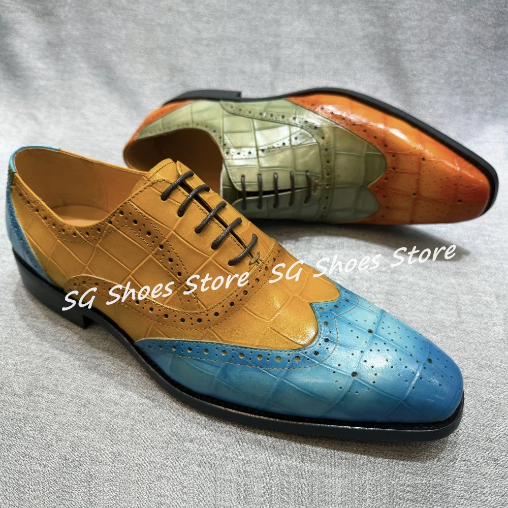 

Wedding Business Dress Shoes Fashion Mixed Color Chunky Heel Male Loafers Handamde Genuine Leather Lace-Up Oxfords for Men