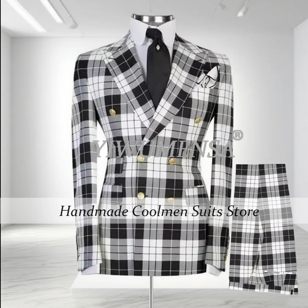 

Классические деловые костюмы для мужчин, комплекты из 2 предметов, двубортные пиджаки для жениха, индивидуальные мужские модные клетчатые свадебные смокинги для жениха