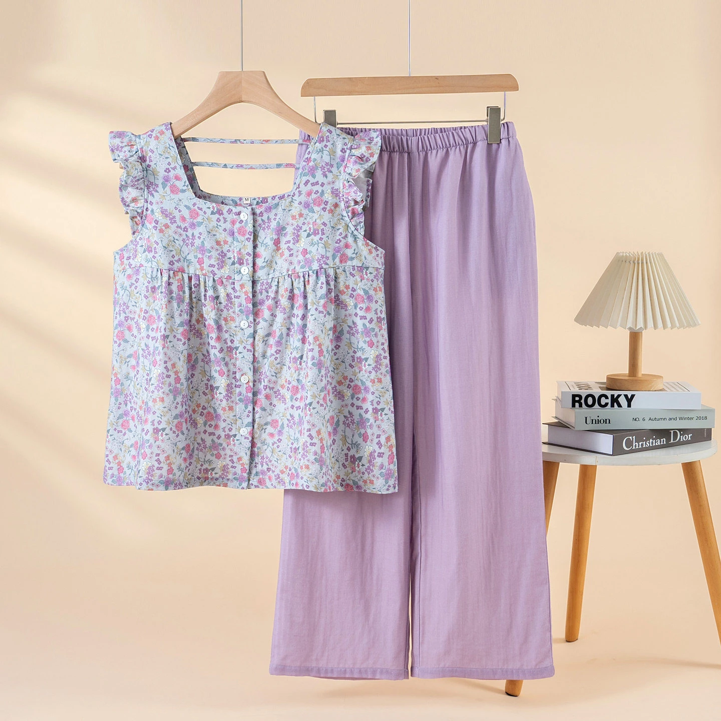 Women's 2-Piece Pajama Set - Country Floral Sleepwear, Double Gauze Cotton Sleeveless & Long Pants, Lightweight & Breathable, Ve