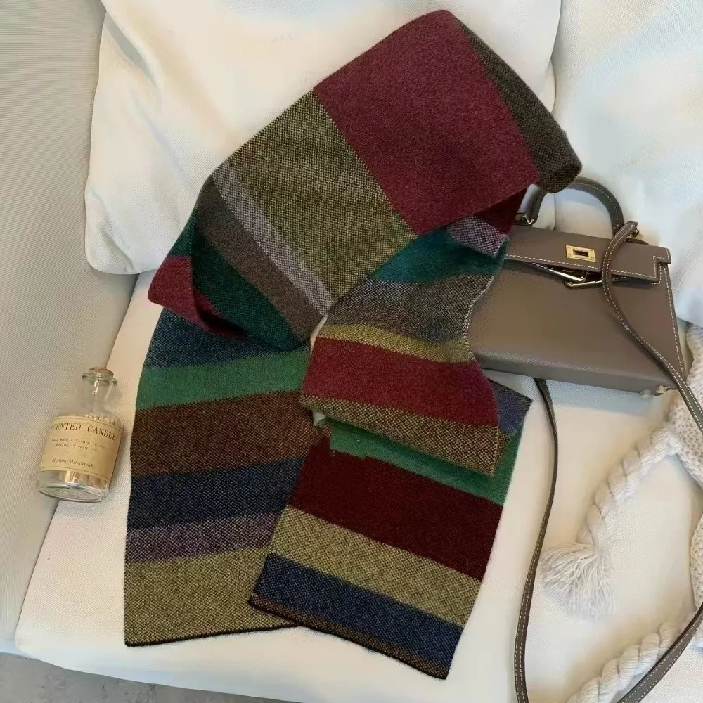 Fashion Striped Plaid Women Striped Scarf Rainbow Color Block INS Knitted Scarf Neck Warmer Windproof Winter Shawl Vacation