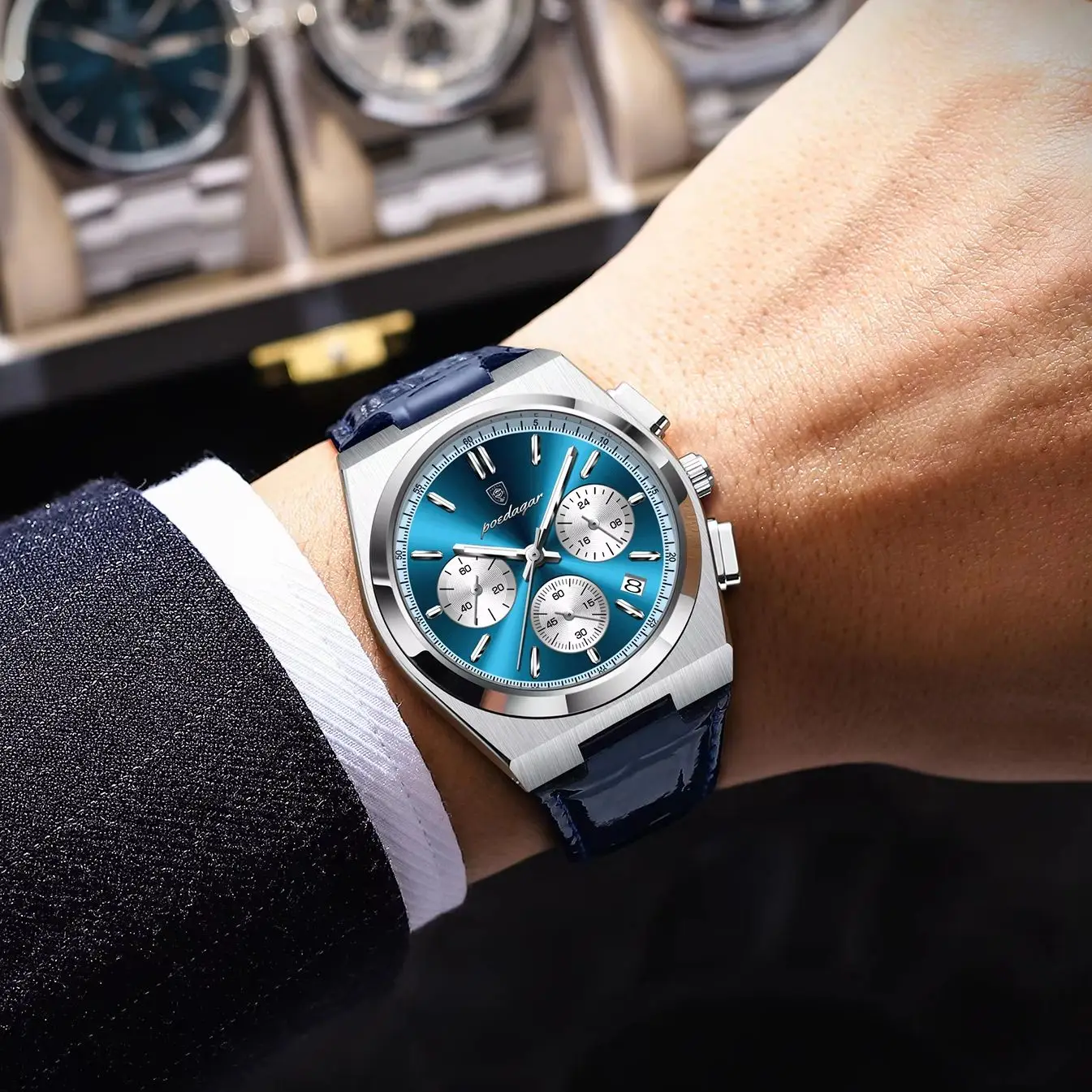 Мужские кварцевые часы с хронографом, кожаным ремешком