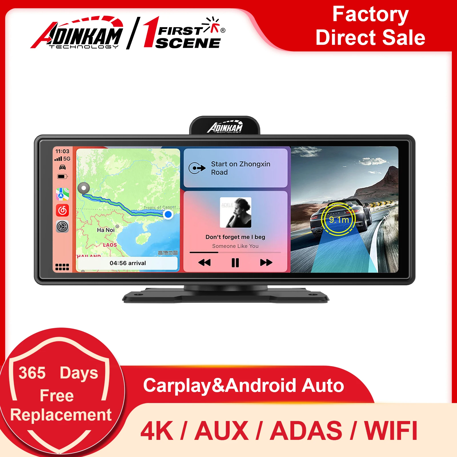 

Enhanced!10.26 Inch ADAS USB ADINKAM AUX Portable Wireless Carplay Android Auto AirPlay Miracast Dash Cam 4K Dashboard WiFi