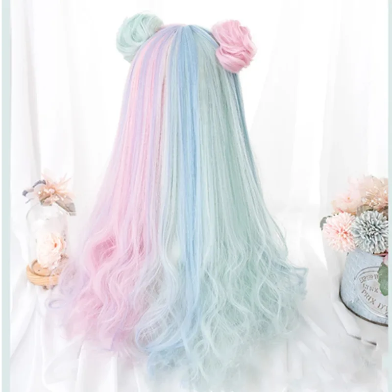 GAKA Lolita Long Curly Synthetic Double Color Bun Wig Long Wig Slightly Curly Head Cover Bangs Fashion Beauty Gradient Hood