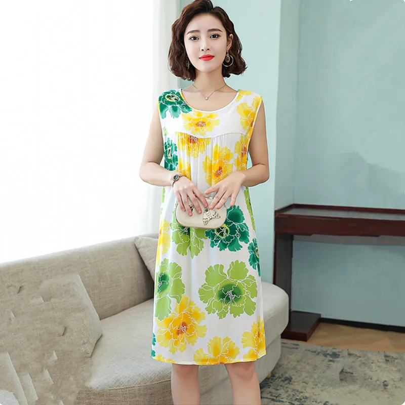 UHYTGF WomenSummer Nightdress Sleeveless Pullover Printed Cotton Silk Dress Female Middle-Aged Elderly Home Clothes Pajamas 2391