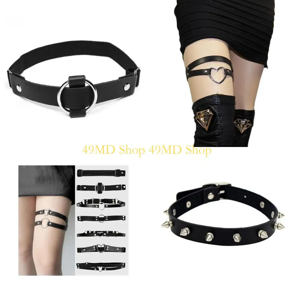 

49MD Fashion PU Leather with Alloy Decor Leg Chain Women Thigh Chain Gothic Jewelry