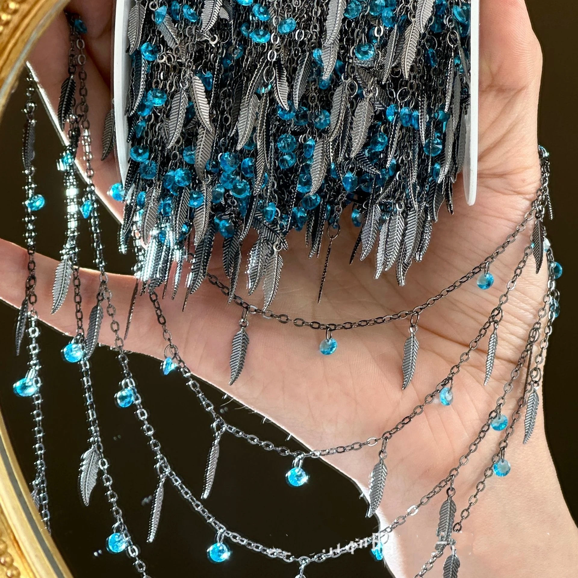 1 Meter 18K Gold Messing Schmuckherstellungskette mit roten Zirkonia-Feder-Anhängern für DIY Halsketten- und Armbandzubehör – Detail 9